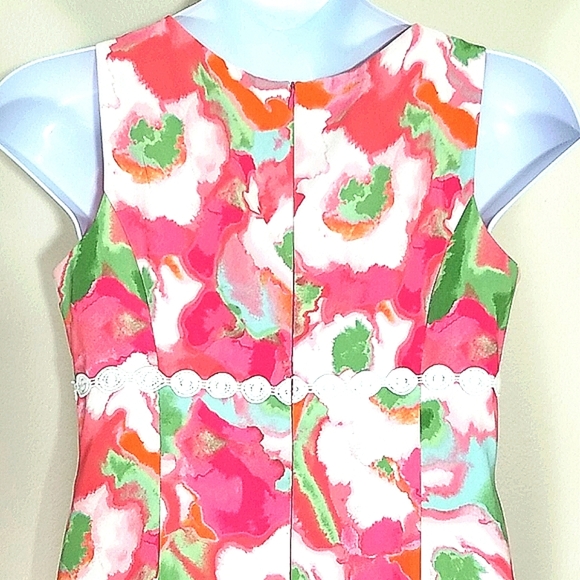 Sundress Lined Floral Print stretch midi lace trim Pink White Zipper Sheath EUC - Picture 6 of 9